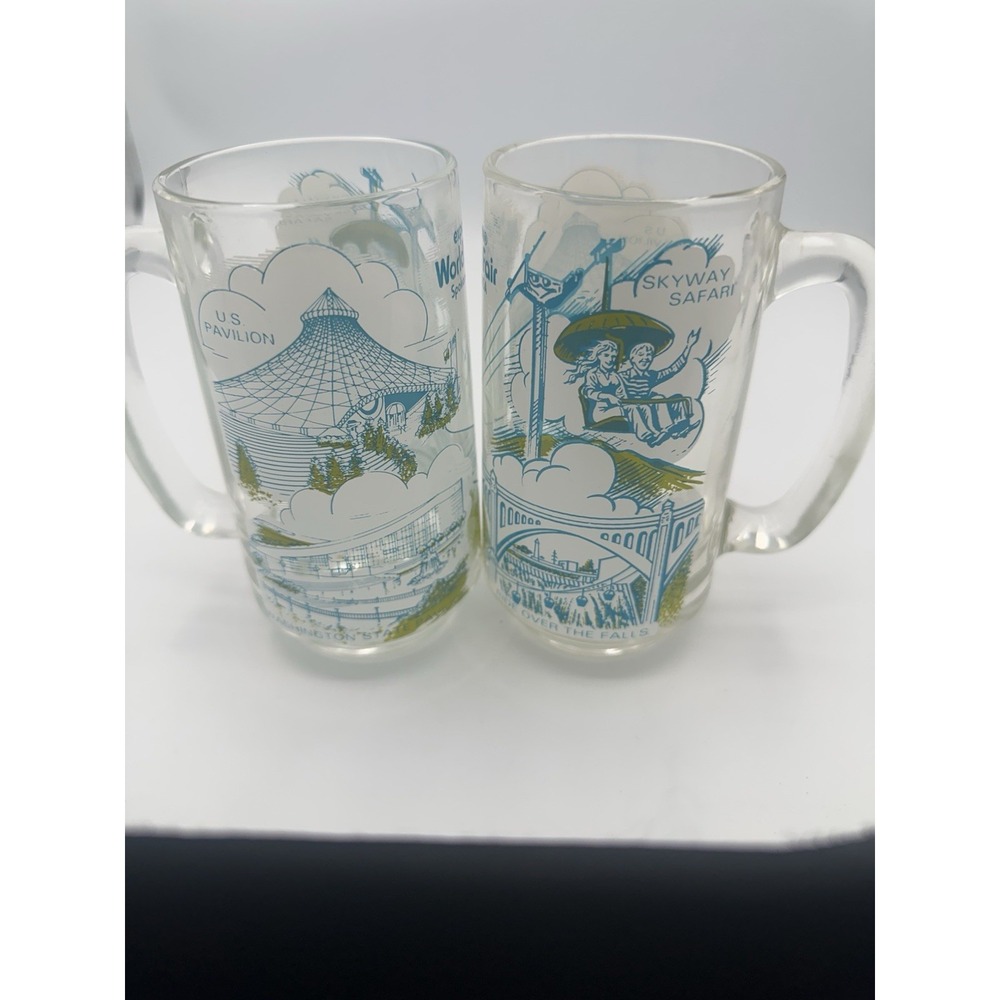2 Expo '74 1974 Worlds Fair Spokane, WA glass mugs Pavilion, Skyway Safari